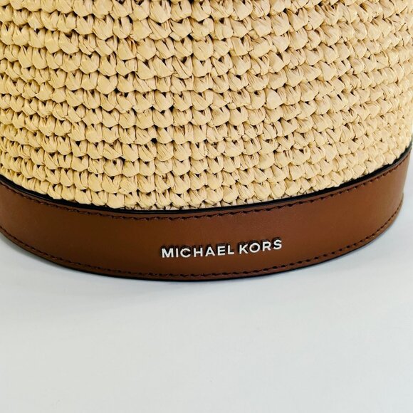 MICHAEL Michael Kors Townsend Straw Bucket Bag Tan Raffia Leather Tote - Picture 2 of 16